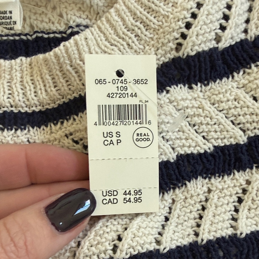 Aerie Cream and Navy Striped shrunken crop  Sweater - Picture 3 of 5